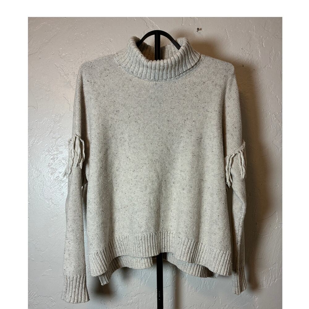 Aerie Oatmeal Beige Speckled Knit Fringe Turtleneck Sweater